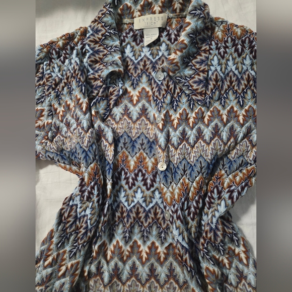 Vintage 90s Multicolor Zigzag Patterned Textured Mesh Shirt - Picture 8 of 9